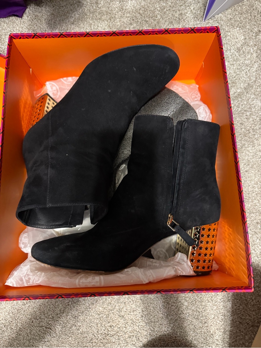 Black Suede Ankle Boots with Patterned Block Heel